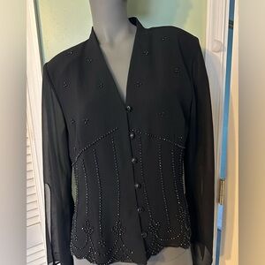 J.R. Nites by Caliendo Blouse Women's 14 Black Beaded V-Neck Split Sheer Sleeve